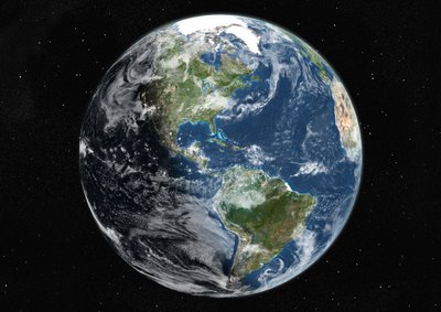 Globus zentriert auf die Amerikas, Satellitenbild in Echtfarben von Unknown